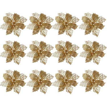 12 stk. Glitter Poinsettia Ornamenter Juletræ Dekorationer