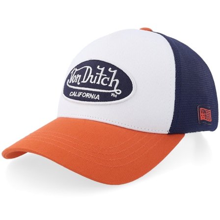 Von Dutch - White trucker Caps - Oval Patch White/Blue/Orange A-Frame Trucker @ Hatstore