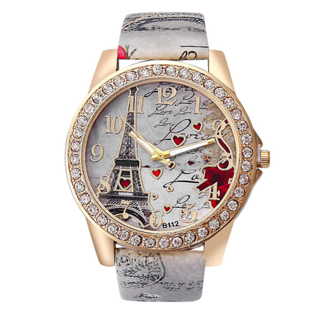 Fashion Women Crystal Golden Leather Analog Quartz Wrist Watch