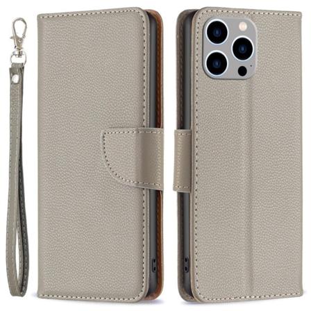 SKALO iPhone 15 Pro Max Litchi Lompakkokotelo - Harmaa Grey