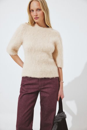 Premium Selection Kortärmad stickad tröja i alpackamix - Tröjor - Beige - XL