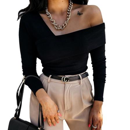 Dam Vinter T-shirt Off Shoulder Sned Hals Axelbandslös Baksida