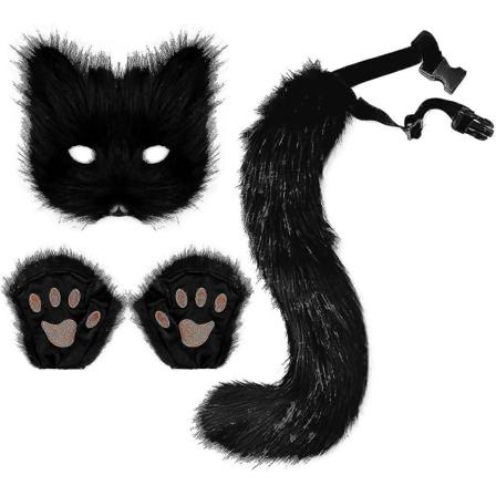 Tekoturkista Fox Tail Cat Wolf Cosplay- set Pehmonaamio Pörröinen Tassu Käsineet Halloween Joulu Black