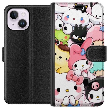 Kompatibelt Lommeboketui til Apple iPhone 14 Plus Tett mønster av søte figurer med store øyne i ulike farger og uttrykk med LABUBU-tekst