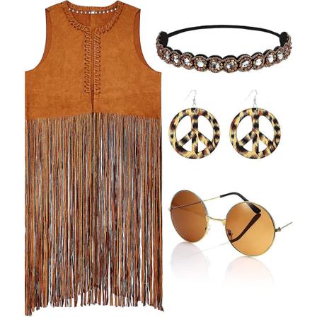 4 stykke kvinder hippie kostume sæt frynser vest Faux Seude kvaster vest X-Small