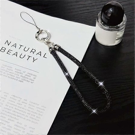 Puhelimen ranneke kiiltävillä strassikoristeilla, pituus: 25cm - Täydellinen Black_MGF