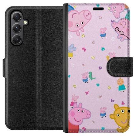 Kompatibel Tegnebogsetui til Samsung Galaxy A24 4G Peppa Gris med en baby i armene, morgris motiv i farverig og blød børneillustration med hjerter