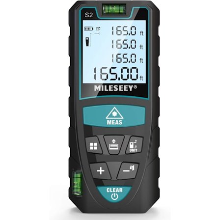 Laseravståndsmätare 50m, Mileseey by 2 Vattenpass Digital Lasermätare ±2mm med LCD-bakgrundsbelysning och 4-linjers display, handledsrem och 2 