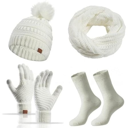 Women's 4-Piece Set – Knitted Beanie with Pompom, Scarf, Touchscreen Gloves, and Socks, Warming for Winter and Outdoor Activities
