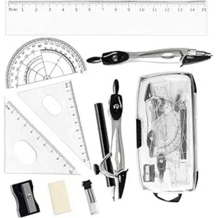 10 Delars Matematiskt Set, Skolmaterial - Passare Gradmätare Linjal Suddgummi Stiftpåfyllning Penna och Pennvässare Transparent Fodral