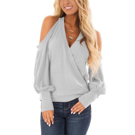 Kvinnor Lantern Ärmar Off Shoulder V Neck Tee Vanlig Tunika Blus