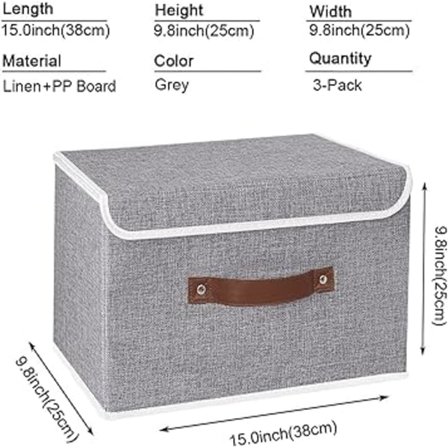 38x25x25cm, grått set med 1 hopfällbar förvaringslåda med lock, för handdukar