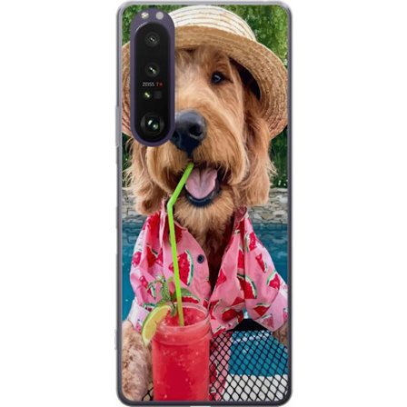 Kompatibel Mobilcover til Sony Xperia 1 III Sommerhund drikke motiv med glad hund i hat og lyserød skjorte drikker en smoothie ved poolen perfekt til