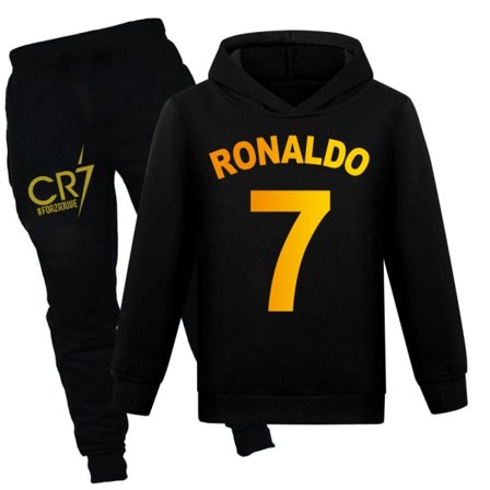 Lasten Pojat Ronaldo 7 Print Casual Huppari Treeningupüksid Komplekt Huppari Top Püksid Ülikond Must 150cm