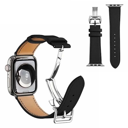 äkta läder silver spänne klockarmband för Apple Watch Series 6 / 5 40mm - svart