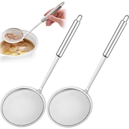 Rustfri stål skimmer ske 2 stk 10 cm til dræning af kartofler grøntsager pasta hængbar med håndtag kompatibel med køkkenredskaber sølv
