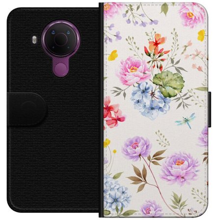 Kompatibel Tegnebogsetui til Nokia Nokia 5.4 Blomstret mønster med håndmalede blomster, sommerfugle og insekter i romantisk skandinavisk stil til pl