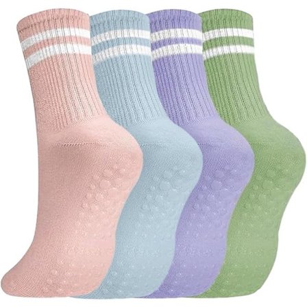 ING Yoga Sokker til Kvinder, Pakke med 4, Pilates Sokker i Ren Bomuld, Skridsikre Yoga Sokker, Gulvsokker, Lys Lilla*Lys Grøn*Lys Blå*Lys Pink