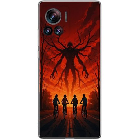 Kompatibelt Mobilskal till Motorola Motorola Edge 30 Ultra Mörk Stranger Things-inspirerad skräckillustration med röd himmel, monsterfigur och cykl