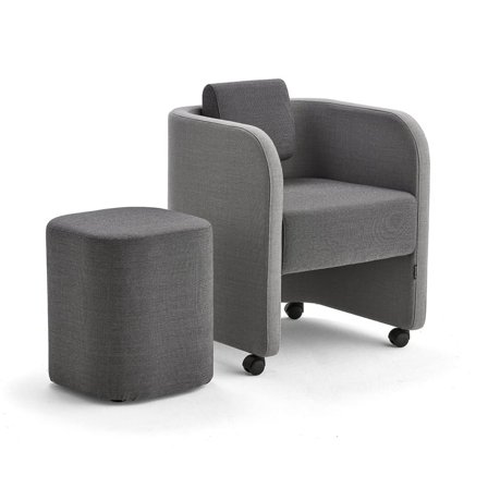 Möbelgrupp COMFY, fåtölj och sittpall, med hjul, ulltyg, ljusgrå/mörkgrå
