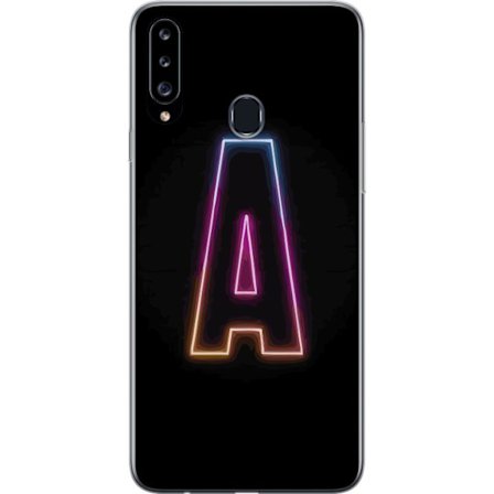 Kompatibel Mobilcover til Samsung Samsung Galaxy A20s Minimalistisk neonbogstav A i regnbuefarvet lys mod sort baggrund i moderne typografisk stil