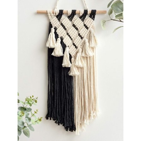 Macrame vægophæng, sort og hvid vægkunst, lille vævet boho