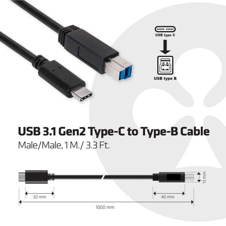 Club 3D USB type C-kabel - 24 pin USB-C til USB Type B - 1 m