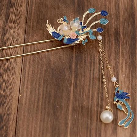 Pähkinäpuinen askelravistin Hiustenväriä säilyttävä Hanfu Hiusasusteet Reunahiusneula Poltettu sininen Cloisonne (Väri: A, Koko: Yksi koko)