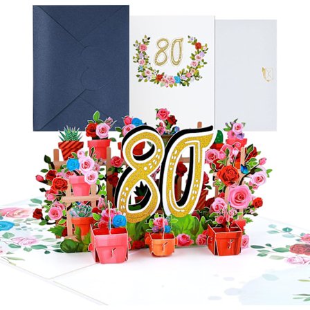 3D Pop Up Tillykkekort, blomstrende fødselsdagskort med kuvert (80 år)