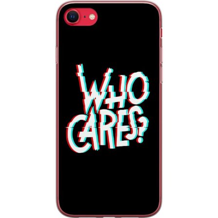 Yhteensopiva Puhelinkuori Apple iPhone SE (2020) Glitch typografia, jossa teksti "who cares" on punaisella ja syaanilla mustalla minimalistisella tau
