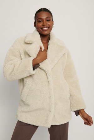 NA-KD Fluffy Teddy Midi Coat - Teddy bear jakker & frakker - OffHvid - EU 36