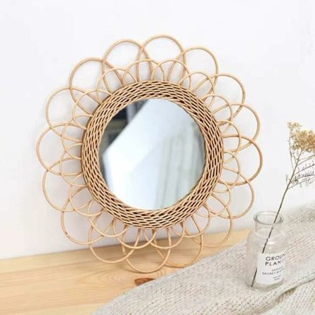 Rattan Hängande Spegel - Boho Spegel Väggdekor - Spegel för Lägenhet Vardagsrum Sovrum Modern Heminredning