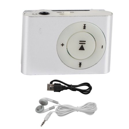 Bærbar digital MP3-spiller med øretelefon USB-kabel sølvfarget bakklips