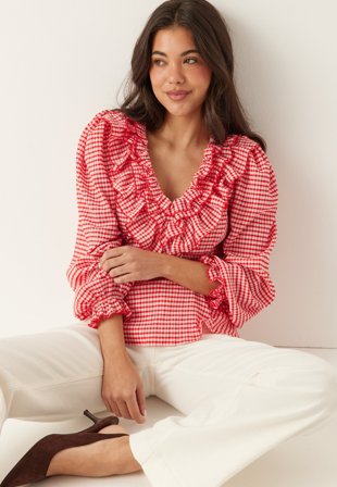 BUBBLEROOM - Jersey Frill Peplum Blouse - Red/Patterned