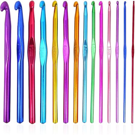 14-delad set med flerfärgade virknålar i aluminium för virkning