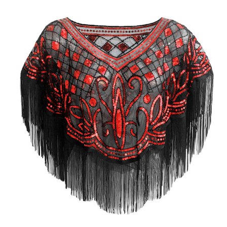 Vintage 1920-luvun naisten paljettimekko, verkkokangas, kiiltävä, kampasimpukkainen poncho, verkkokirjailtu lehtipusero, juhla, punainen