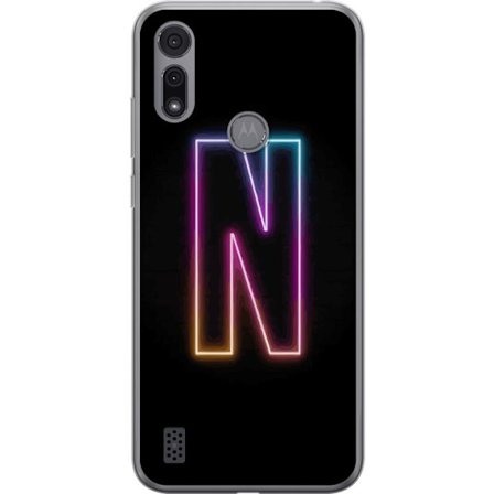 Kompatibel Mobilcover til Motorola Motorola Moto E6i Minimalistisk neonbogstav N i farveskiftende lys mod sort baggrund