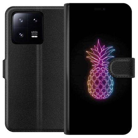 Kompatibelt Plånboksfodral till Xiaomi Xiaomi 13 Pro Neonillustration av ananas i färgglatt ljus mot svart bakgrund