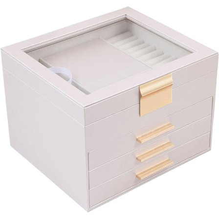 Smykkeboks, 4-lags smykkeoppbevaringsboks med 3 skuffer, smykkestativ, ring, ørepynt, halskjede, armbåndsoppbevaringsboks