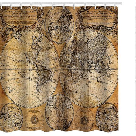 Verdenskort Bruseforhæng Polyester Vintage Look Stil Lande Ocean Forhæng Vandtæt Badeværelsesindretning Plastikkroge Gul 200*230cm