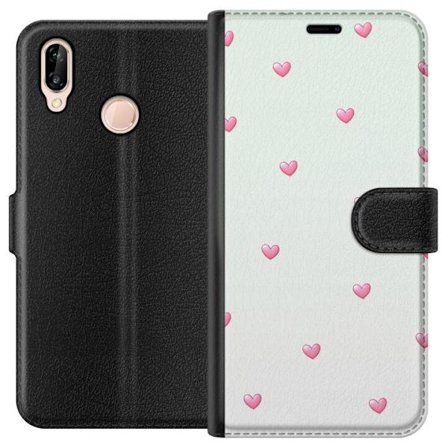 Kompatibel Tegnebogsetui til Huawei Huawei P20 lite Minimalistisk mønster med lyserøde hjerter på en lysegrå baggrund, sødt og enkelt design til