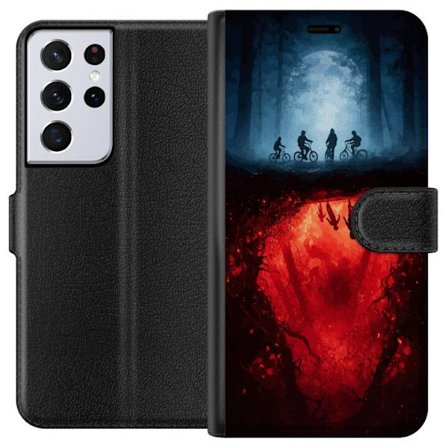 Kompatibelt Plånboksfodral till Samsung Samsung Galaxy S21 Ultra 5G Biohazard-symbol i svart med slitna färgstänk på röd trätextur, rå industri