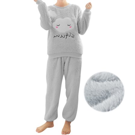 Dam långa vinterpyjamas, gosig tvådelad fleece set fluffig loungewear(XXL)
