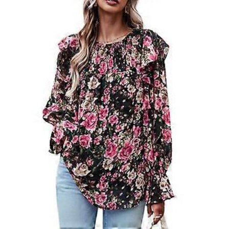 Chiffon Bluser til Kvinder Puf Lange Ærmer Tunika Toppe Plisserede Rund Hals Afslappede Løse T-shirts med Smockede Manchetter Sort XL(XL Sort)