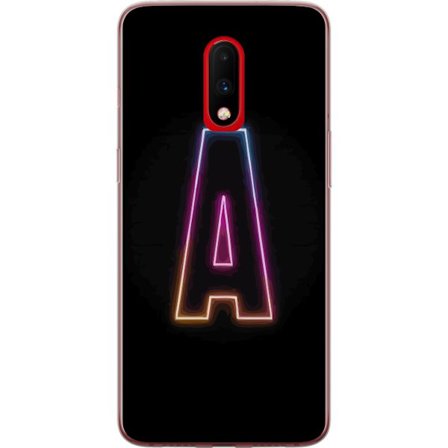 Kompatibel Mobilcover til OnePlus OnePlus 7 Minimalistisk neonbogstav A i regnbuefarvet lys mod sort baggrund i moderne typografisk stil