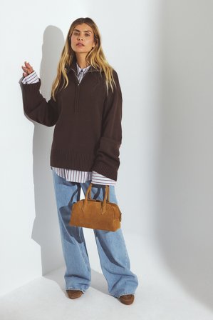 NA-KD High Neck Zipped Knitted Sweater - Oversize trøjer - Brun - XL (EU 46)