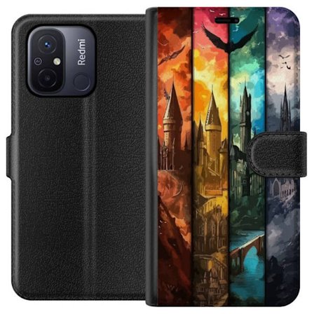 Kompatibel Tegnebogsetui til Xiaomi Xiaomi Redmi 12C Fire magiske slotte i forskellige elementfarver, episk fantasykunst med ild vand luft og mørke i