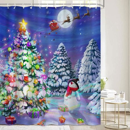 Rolig julduschdraperi Set,Vinterskogsnögubbe Julgran Måne Ren Badrumsgardin Blå Dekortygsgardin 72 x 72
