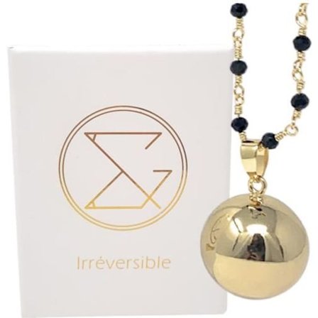 Graviditetsbola i slät guld med kedja - CHARLOTTE (pärlkedja/svart kristall) - guldpläterad - presentförpackning för gravid kvinna