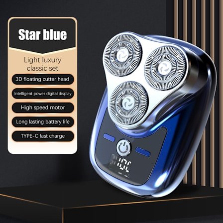 Elektrisk barbermaskine med tre blade, digitalt display og USB-opladning Blå